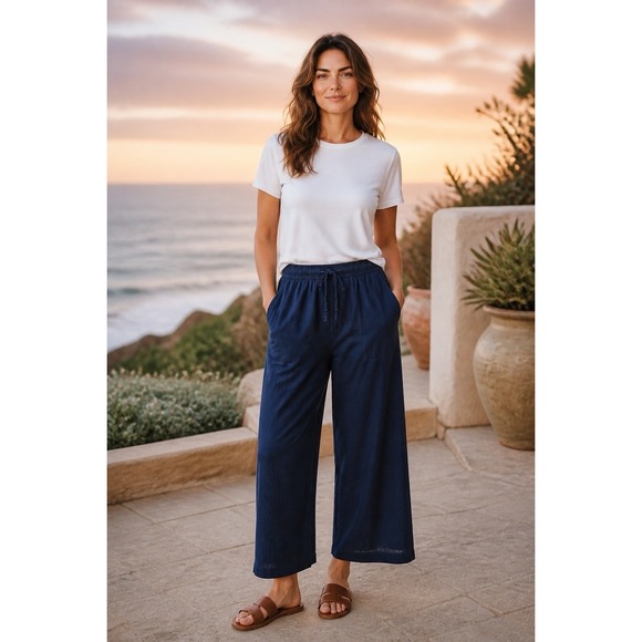 Splendid Pants - Splendid Crop Linen & Viscose Pants Wide Leg Navy Drawstring Elastic Waist Small